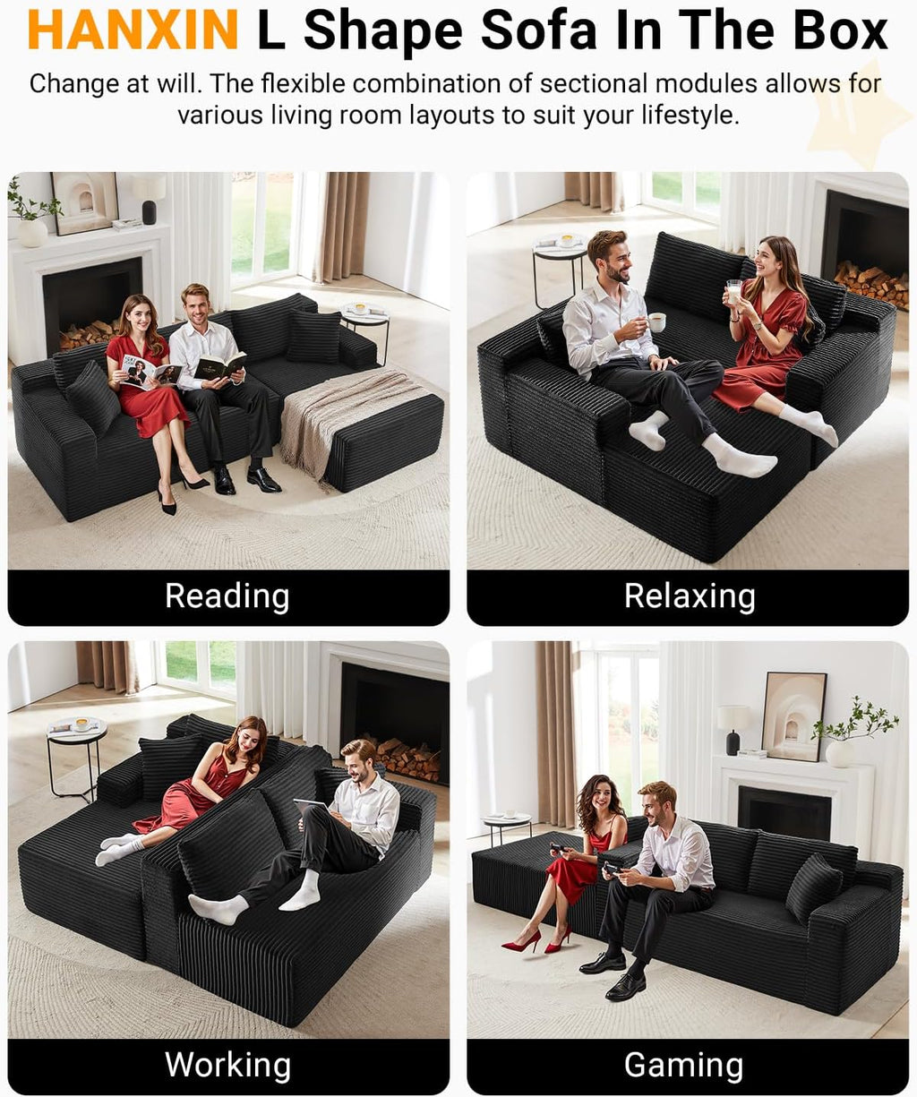 Cloud Sectional Couch,105 Inch Modular Sectional Sofa with Deep Seat,Modern Corduroy Boneless Couches with L-Shape Chaise for Living Room Bedroom,No Assembly Required (Black, Right Facing Chaise)