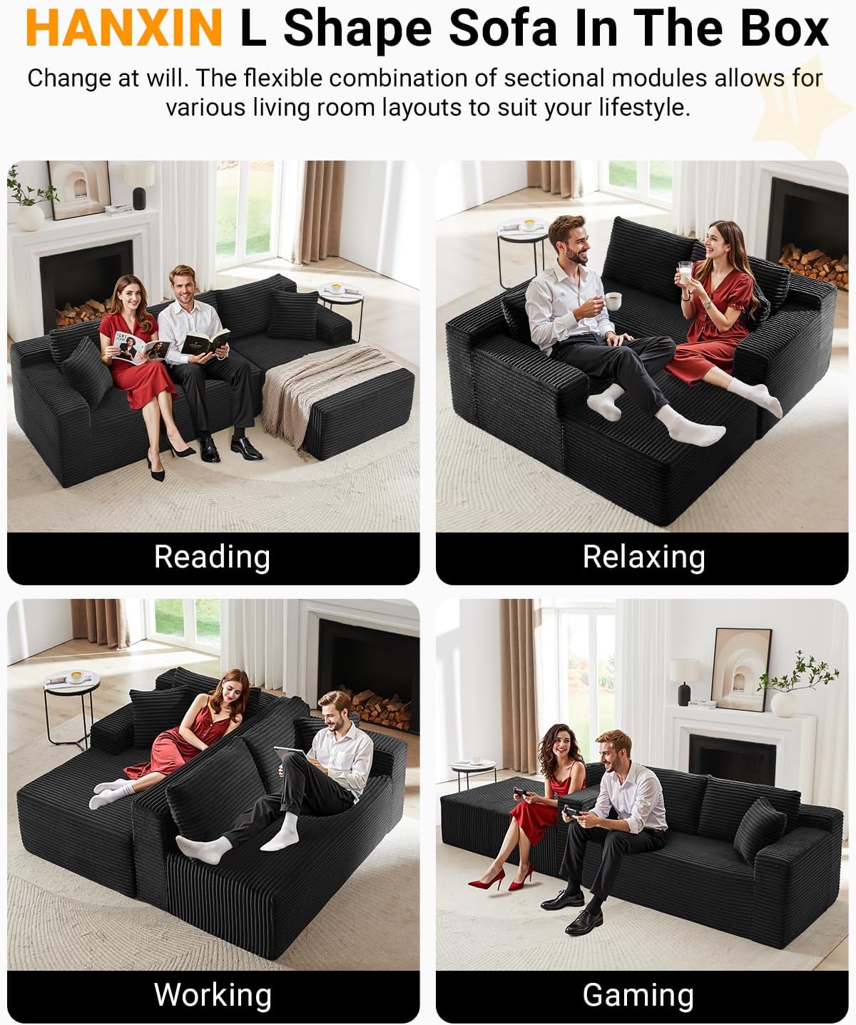 Cloud Sectional Couch,105 Inch Modular Sectional Sofa with Deep Seat,Modern Corduroy Boneless Couches with L-Shape Chaise for Living Room Bedroom,No Assembly Required (Black, Right Facing Chaise)