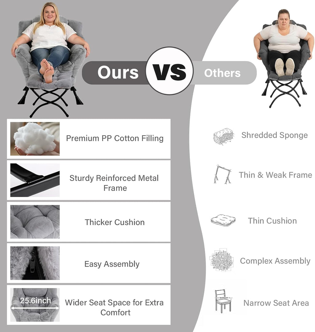 MBOOYOME Lazy Chair with Folding Ottoman, Modern Accent Armchair with Armrests and a Side Pocket & Foldable Footstool, Reading Chair for Living Room, Bedroom, Dorm & Office, Plush Grey