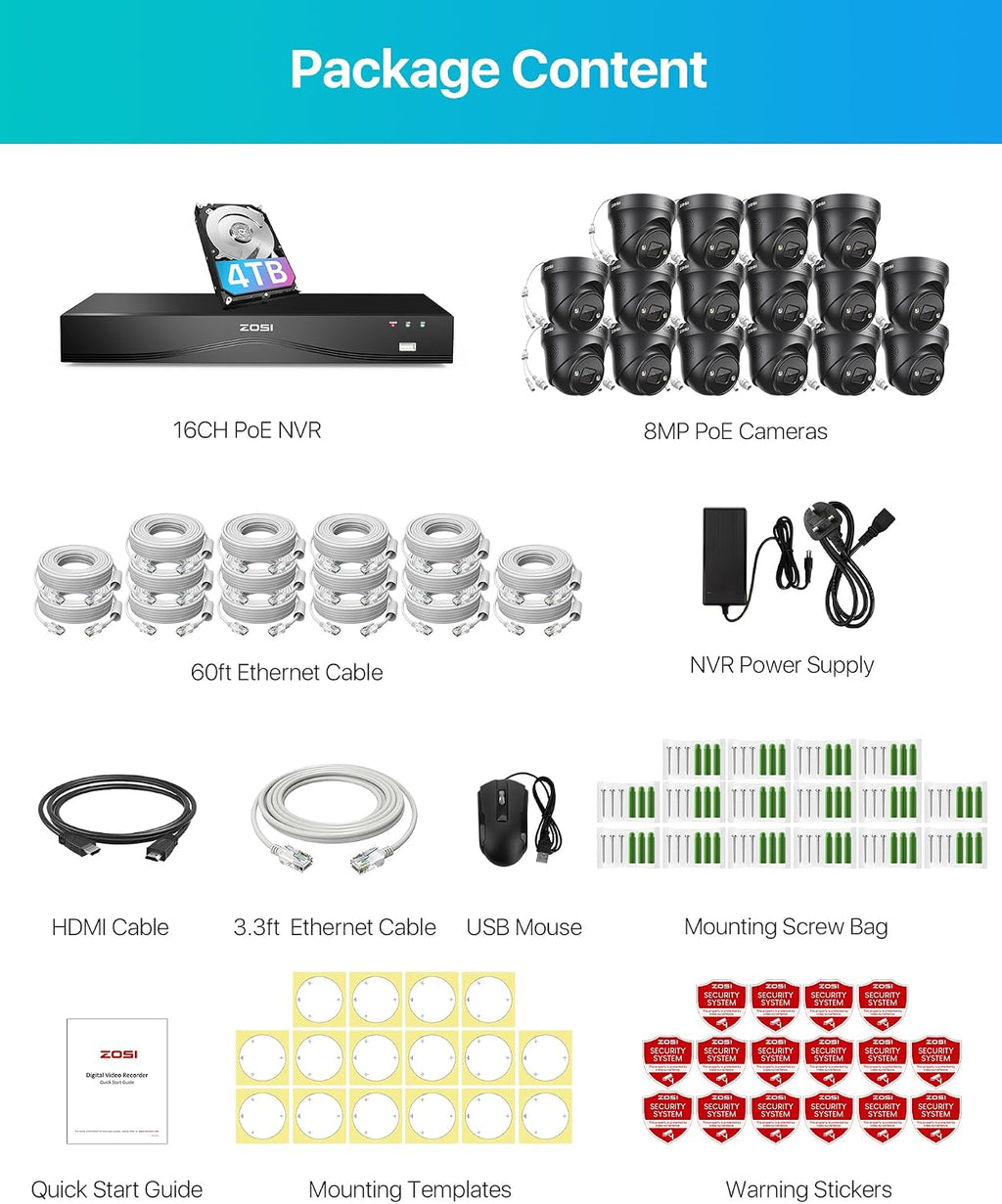 ZOSI 24CH 4K PoE Security Camera System, Face Person Vehicle Detection, 16pcs 4K Outdoor Spotlight PoE Cameras, 2 Way Audio, Night Vision, 24CH 8MP Dual Disk NVR with 4TB HDD for 24/7 Recording