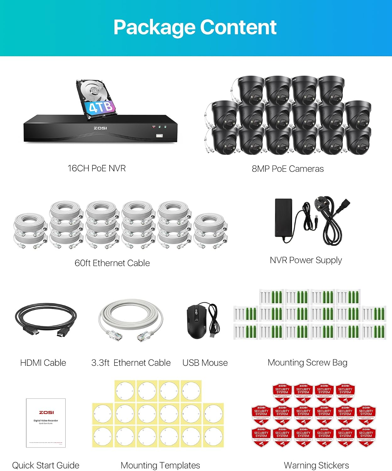 ZOSI 24CH 4K PoE Security Camera System, Face Person Vehicle Detection, 16pcs 4K Outdoor Spotlight PoE Cameras, 2 Way Audio, Night Vision, 24CH 8MP Dual Disk NVR with 4TB HDD for 24/7 Recording