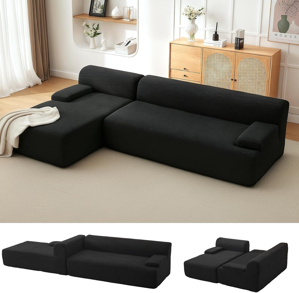 108' Cloud Sectional Couch with Chaise - Super Fluffy Boneless Sofa, Ultra Soft Corduroy L Shaped Couch Bed, Creates Cozy Atmosphere. Perfect Comfy Couches for Living Room, No Assembly Required, Black