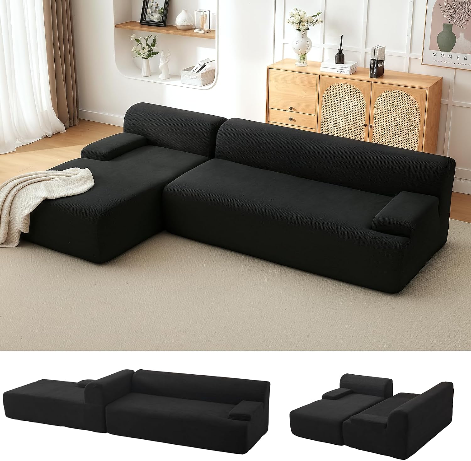 108' Cloud Sectional Couch with Chaise - Super Fluffy Boneless Sofa, Ultra Soft Corduroy L Shaped Couch Bed, Creates Cozy Atmosphere. Perfect Comfy Couches for Living Room, No Assembly Required, Black