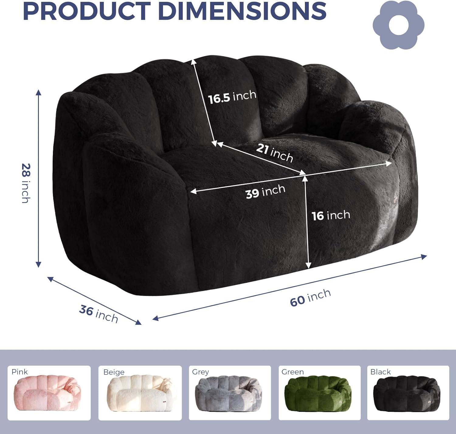 MAXYOYO Bean Bag Chair for Adults, Loveseat Floral Shaped Bean Bag Sofa, Ultra Soft Love Seat Mini Sofa Couch, Faux Fur Reading Chair for Living Room Bedroom, Black