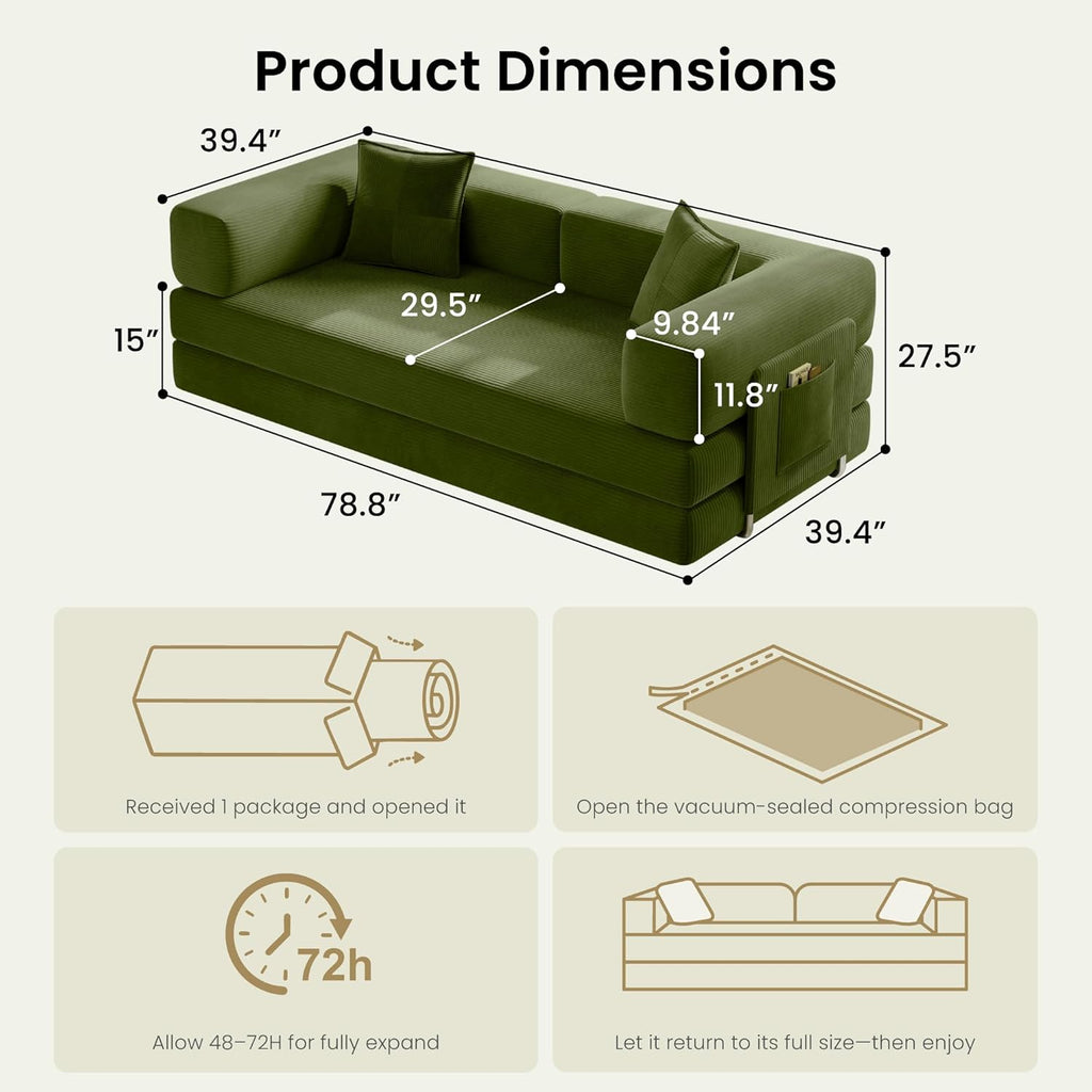 78.8' Convertible Sofa Bed,Corduroy Futon Couch with Storage Pocket,Folding Pull Out Futon Sofa,No Assembly Boneless Couch for Living Room,Green