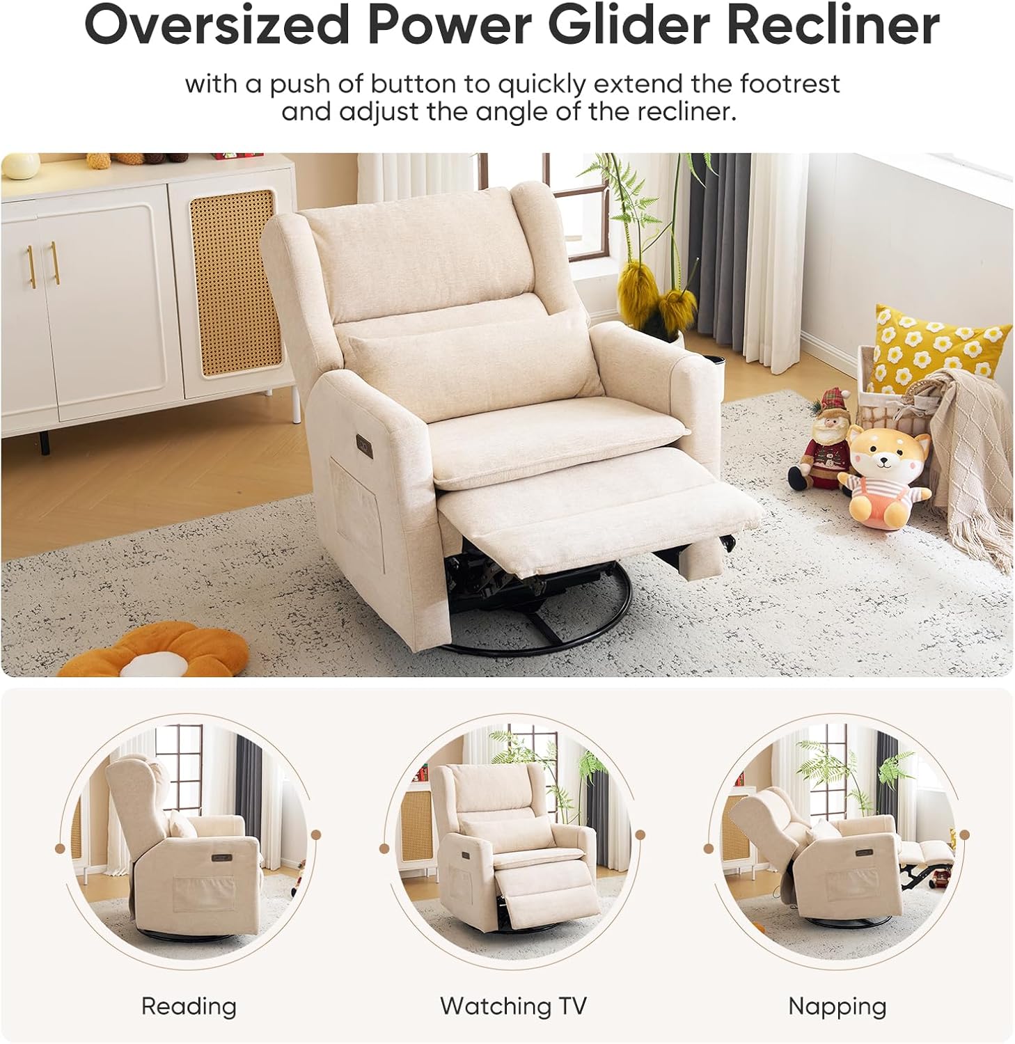 Oversized Swivel Rocker Recliner Chair, 26' Extra Wide Glider Nursery Chair with Adjustable Headrest, Chenille Power Recliner Rocking with Double Cushion, Cup Holder, Beige