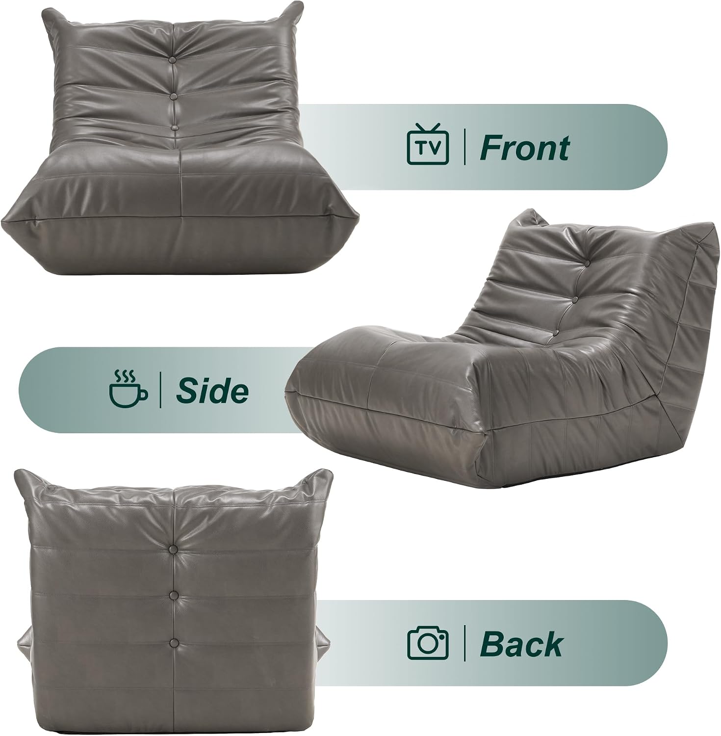 Hobestluk Giant Bean Bag Chair Lazy Floor Sofa, Memory Foam Fireside Sofa for Adults, Big Beanbag Faux Leather Armless Chair for Living Room Bedroom Dorm Office (Grey, Single)