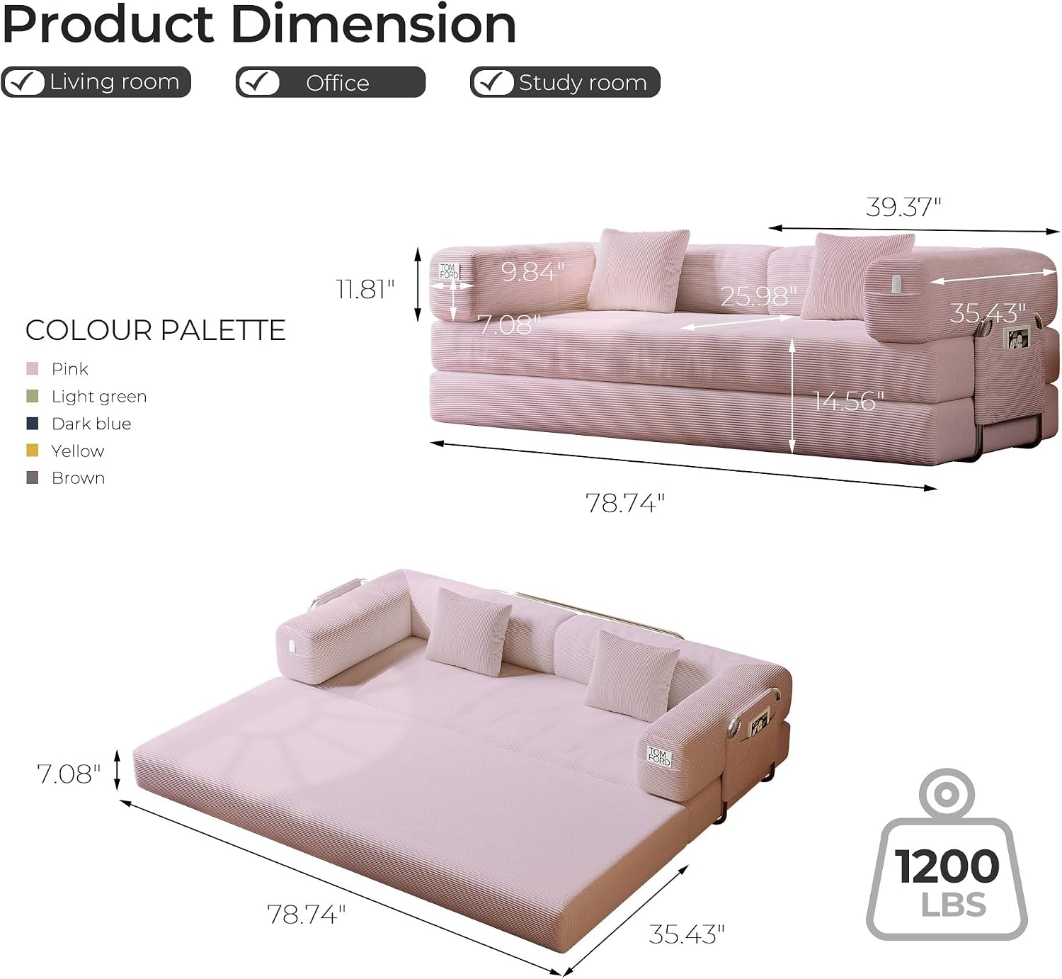 5-in-1 Folding Convertible Sofa Bed, Loveseat Sleeper with Pull-Out Bed, Floor Sofa Modular Futon Couch, 79' Oversized Corduroy Upholstered Boneless Couch for Living Room, Bedroom, Lounge, Pink-A