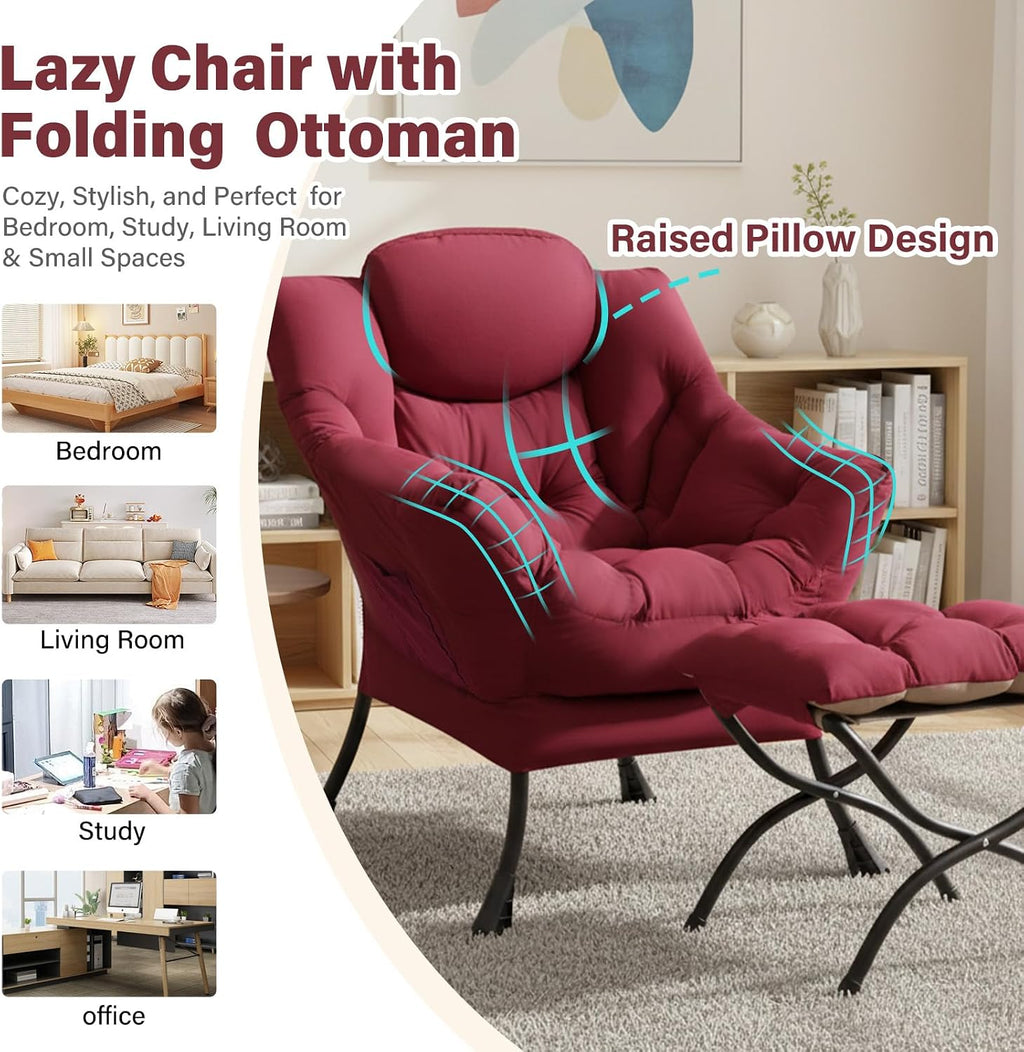 Furlide Lazy Chair with Ottoman, Modern Accent Chairs with Folding Footrest, Burgundy Sofa Chair Set, Comfortable Reading Chairs, Oversized Armchairs for Bedroom, Study, Living Room, Courtyard
