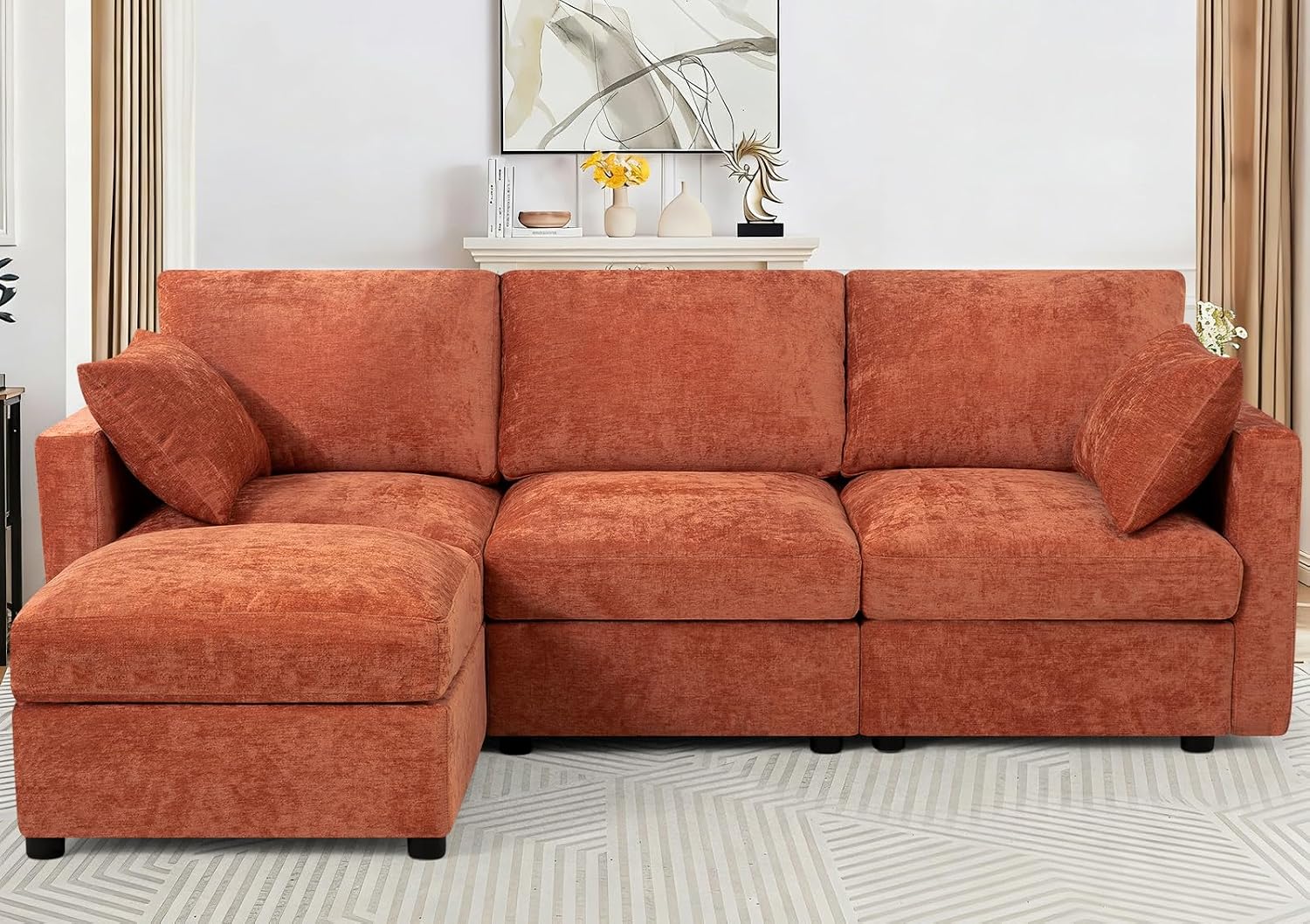 84' Chenille 3 Seater Sofa W/Movable Ottoman, Modern Fabric L-Shaped Couch w/Soft Backrests, Upholstered Sectional Sofa w/Arm Pillows for Living Room, Office, Orange