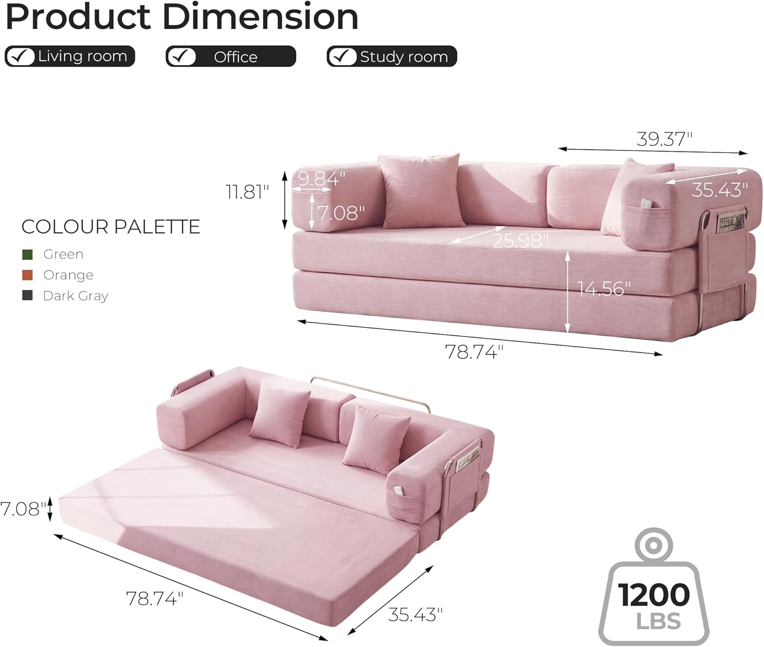79' Convertible Sofa Bed with Pillows, Corduroy Folding Sleeper Sofa with Fixed-Shape Frame, Boneless Couch for Living Room Bedroom, Floor Sofa Lounge No Assembly Required (A - Style - Pink)