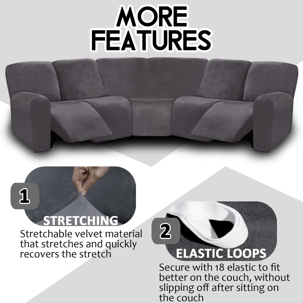 ULTICOR 7-Piece Sectional Sofa Covers, Velvet Stretch Reclining Couch Covers for Reclining L Shape Sofa, Thick, Soft, Washable (Dark Grey, 5 Seat Recliner Cover)