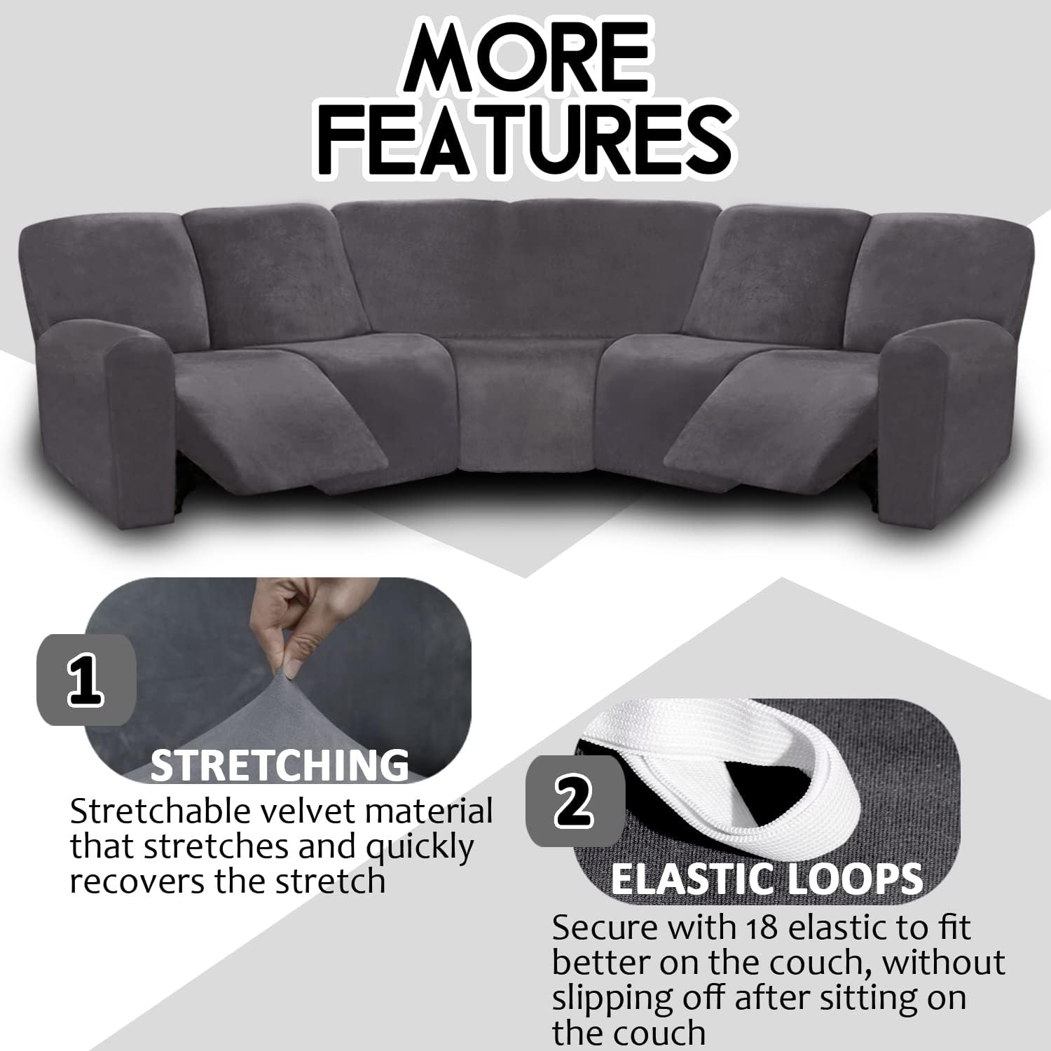 ULTICOR 7-Piece Sectional Sofa Covers, Velvet Stretch Reclining Couch Covers for Reclining L Shape Sofa, Thick, Soft, Washable (Dark Grey, 5 Seat Recliner Cover)