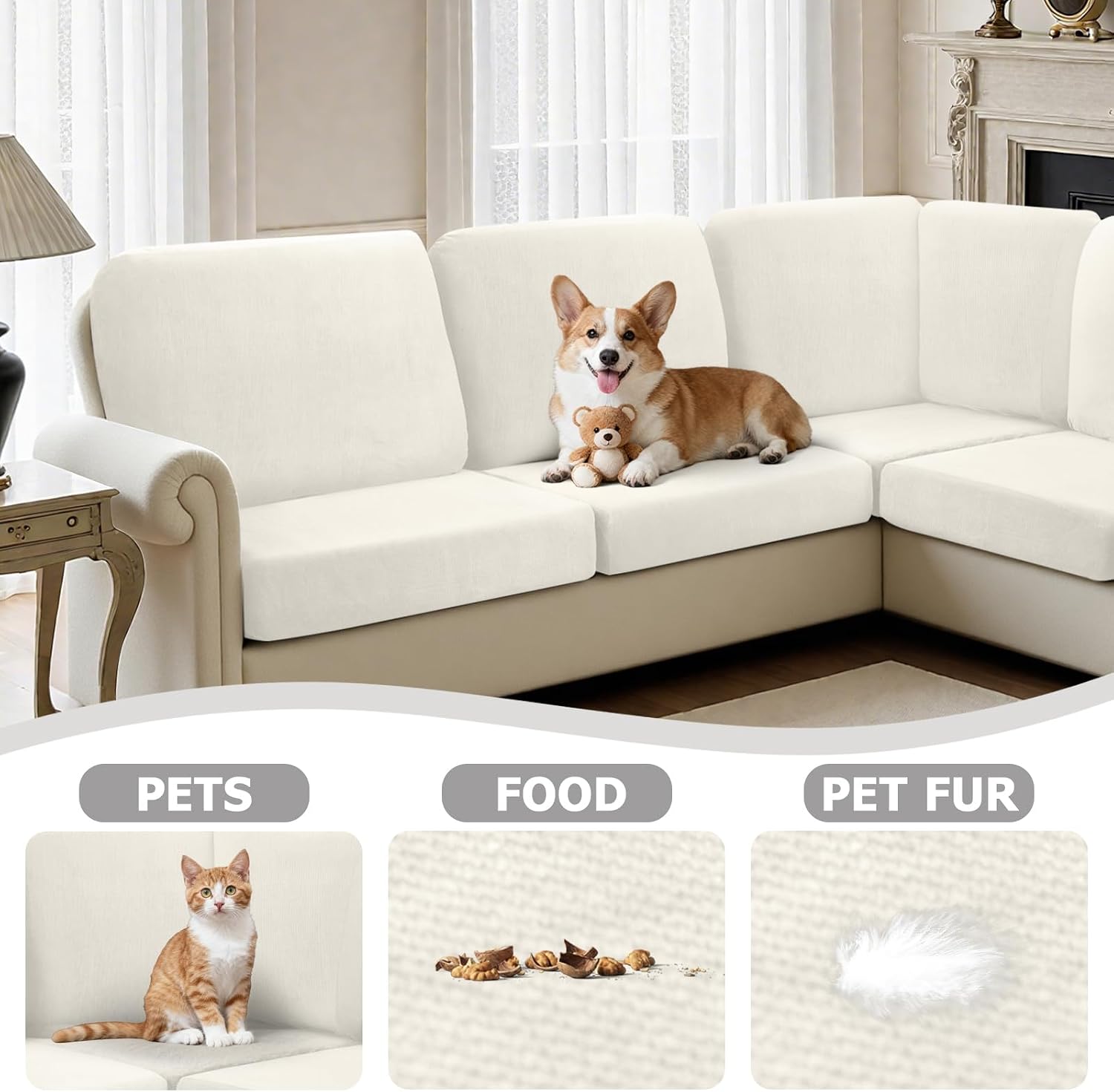 Arfntevss Velvet Corner Sectional Couch Covers Slipcovers L Shape Couch Cushion Covers Fitted Stretch Pet Sofa Covers Non-slip U Shaped Furniture Protector (5 Seat Covers 6 Back Cushion Covers, Ivory)