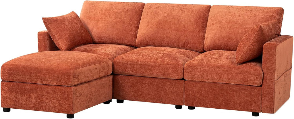 84' Chenille 3 Seater Sofa W/Movable Ottoman, Modern Fabric L-Shaped Couch w/Soft Backrests, Upholstered Sectional Sofa w/Arm Pillows for Living Room, Office, Orange