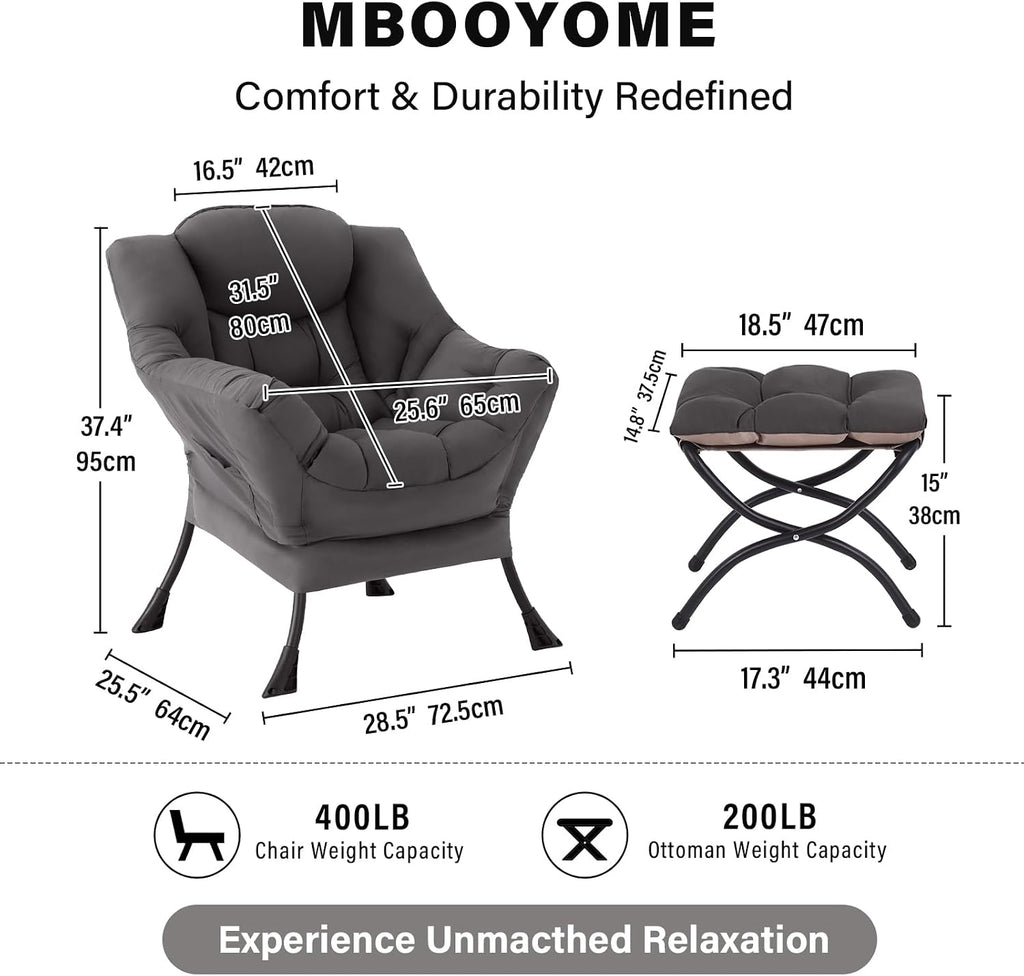 MBOOYOME Lazy Chair with Ottoman, Modern Accent Lounge Armchair with Armrests and a Side Pocket & Foldable Footstool, Leisure Reading Chair for Living Room, Bedroom, Dorm & Office, Dark Grey