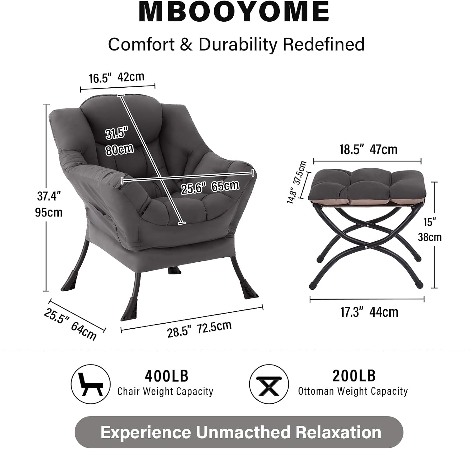 MBOOYOME Lazy Chair with Ottoman, Modern Accent Lounge Armchair with Armrests and a Side Pocket & Foldable Footstool, Leisure Reading Chair for Living Room, Bedroom, Dorm & Office, Dark Grey