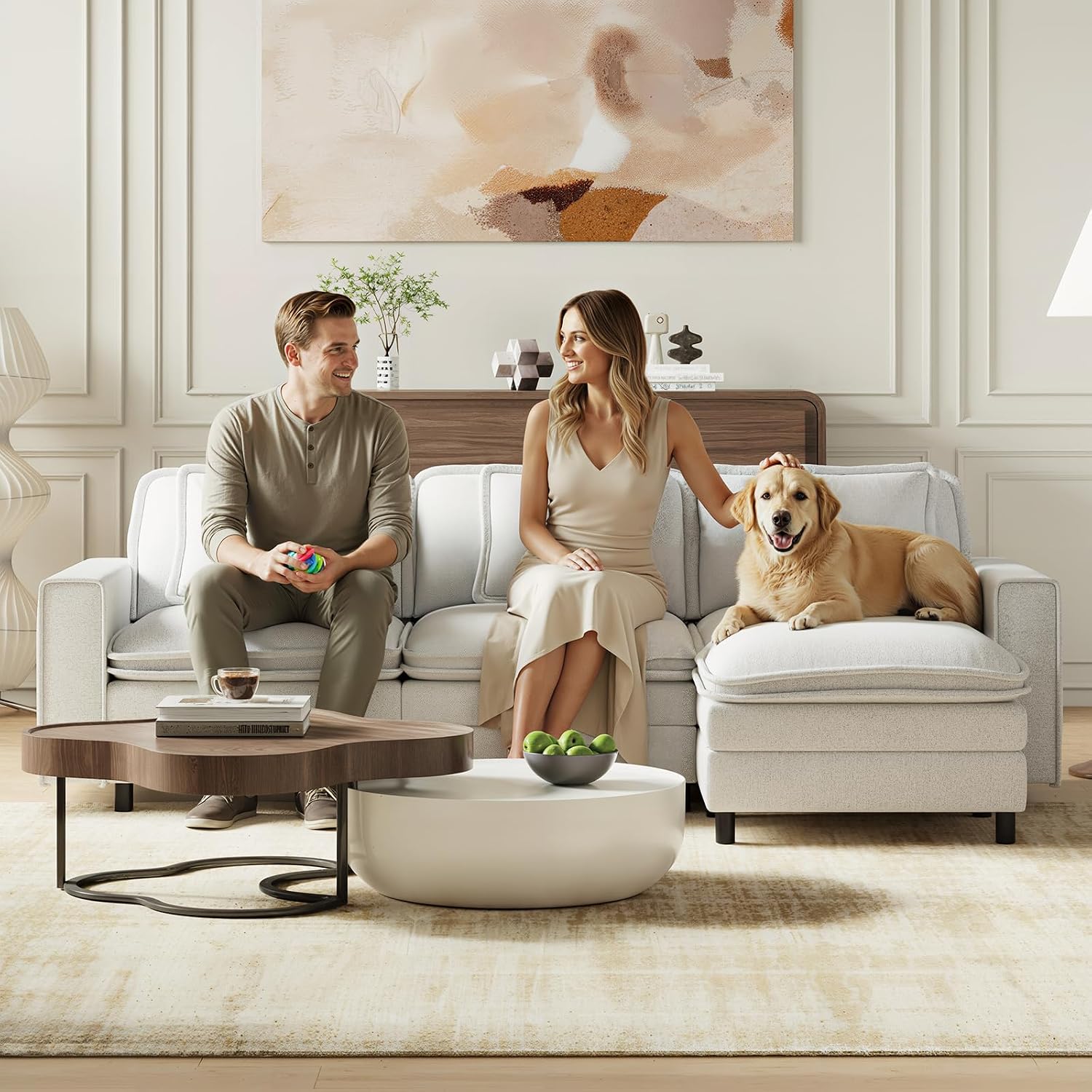 MALOL Modular Sectional Sofa 107', Comfy Cloud Couch with Ottoman, Deep 4-Seat L Shaped Modular Sofa, Couches with Throw Pillows for Living Room, Beige