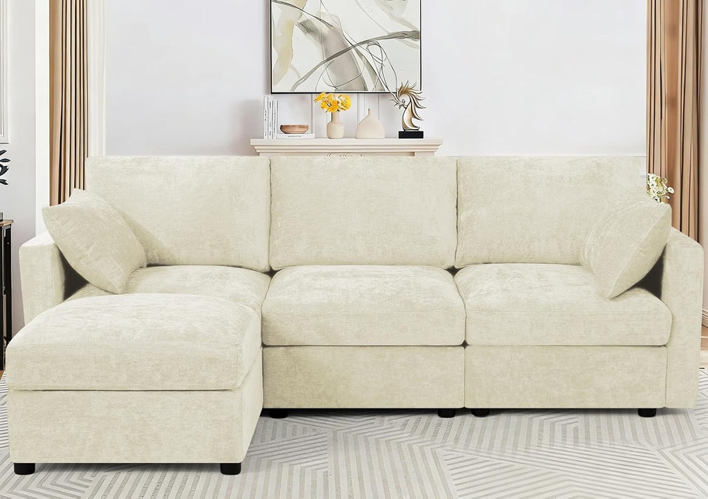84' Chenille 3 Seats Sofa W/Movable Ottoman, Modern Fabric L-Shaped Couch with Soft Backrest, Upholstered Sectional Sofa with Armrest Pillows for Living Room, Office, Beige