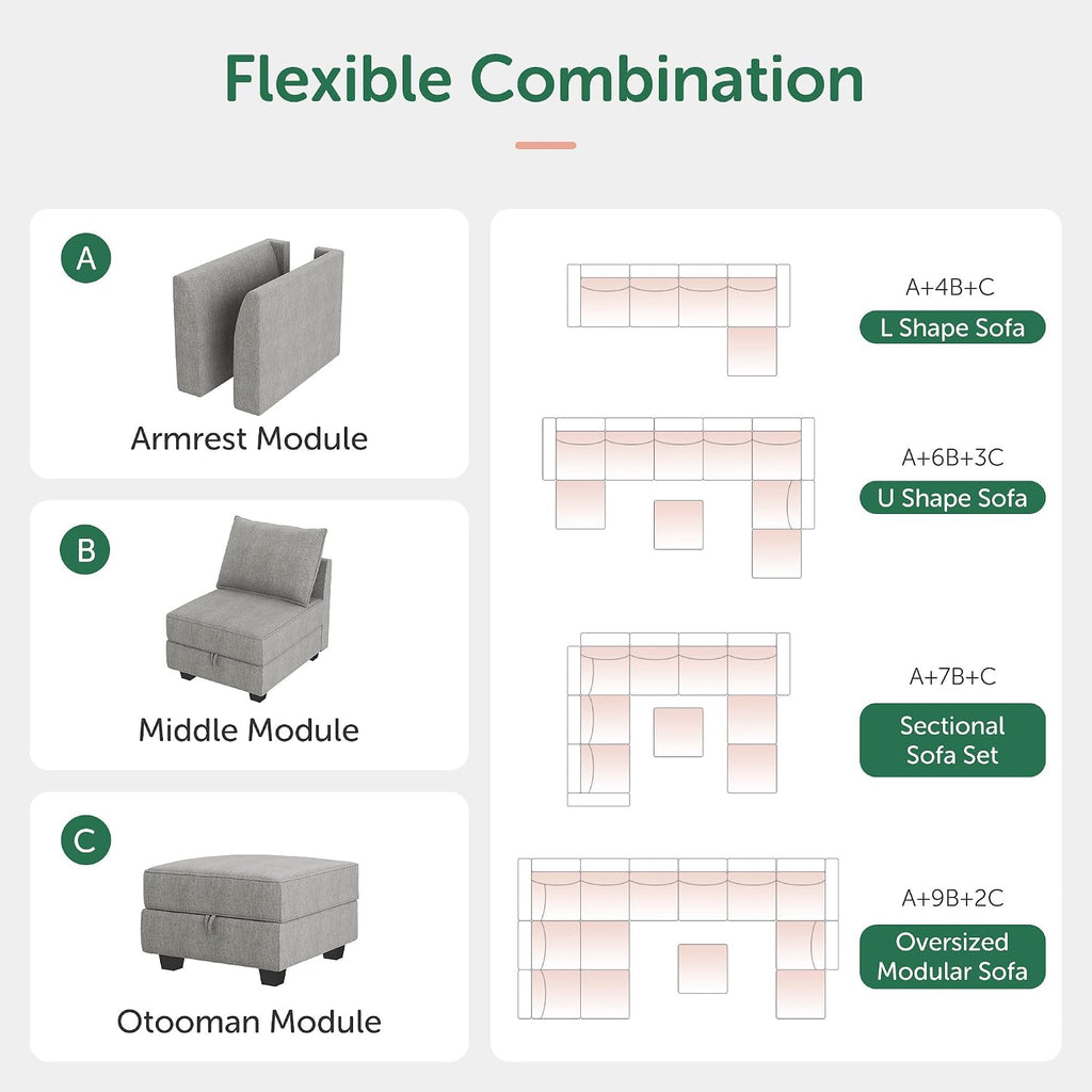 HONBAY Modular Sectional Sofa U Shaped Sectional Modular Sofa with Storage Convertible Sectional Couch for Living Room, Grey