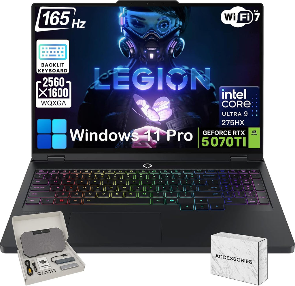 Lenovo Legion Pro 5i Gen 10 Gaming Laptop - Intel 24 Core Ultra 9 275HX, GeForce RTX 5070 Ti, 32GB RAM, 2TB SSD, 16.0' WQXGA OLED 165Hz Display, Wi-Fi 7, 24zone RGB Backlit, Win 11 Pro, Accessories