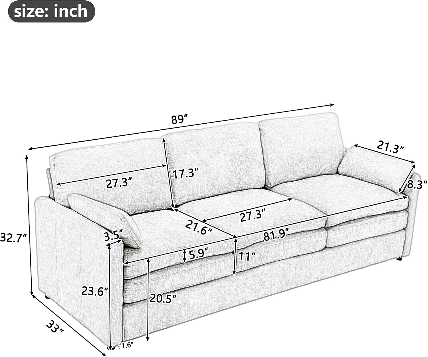 Harper & Bright Designs Chenille Fabric Upholstered Sofa, Oversized Comfy Cloud 3-Seater Sofa Couch, Double Plush Cushion for Living Room