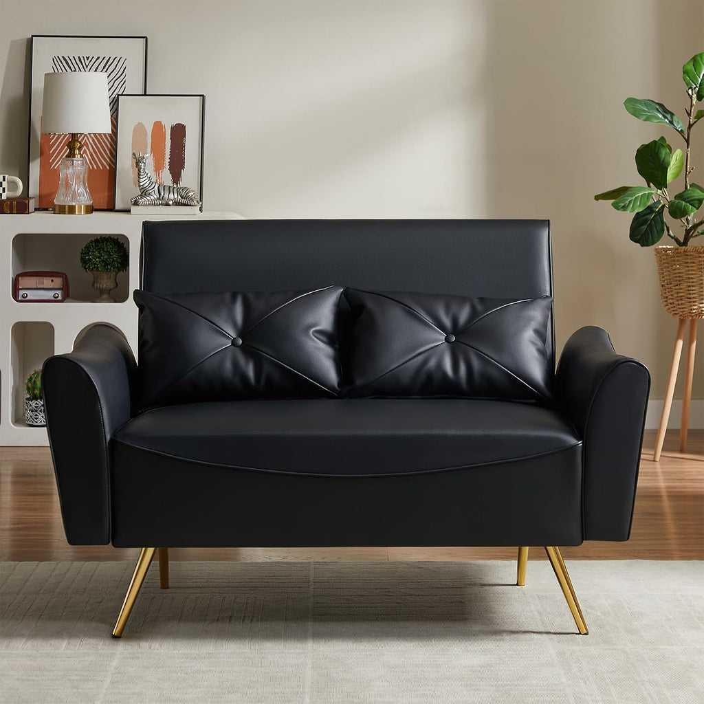 Brelice 48' Faux Leather Loveseat Sofa, Modern Small Couch for Small Space with 2 Pillows, 2 Seater Couch for Living Room, Bedroom, Office, Apartment (Black)