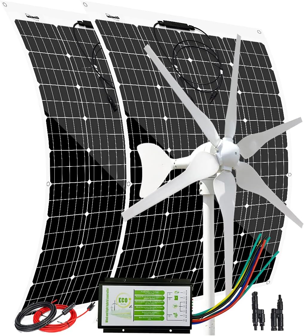 640W 12V Solar Panel Wind Turbine Kit: 240W Flexible Solar Panels + 400W Wind Turbine Generator + Solar Wind Hybrid Controller + Cable Connector