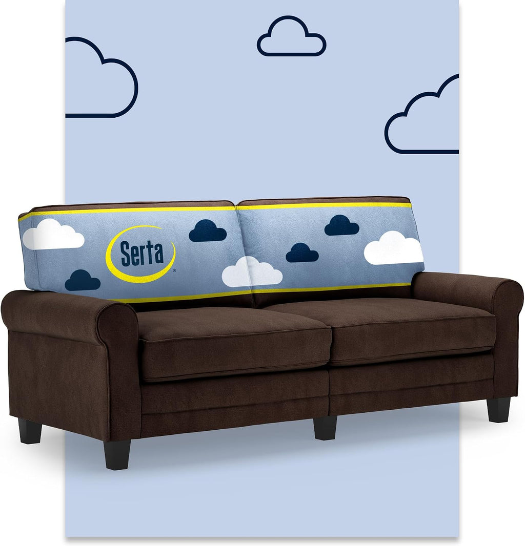 Serta Copenhagen 78' Rolled Arm Sofa, Easy Care Polyester, Soft Pillow Back, Pocket Coil Seat Cushions, Removable Covers, Loveseat or Couch for Small Spaces, Living Rooms or Bedrooms, Brown