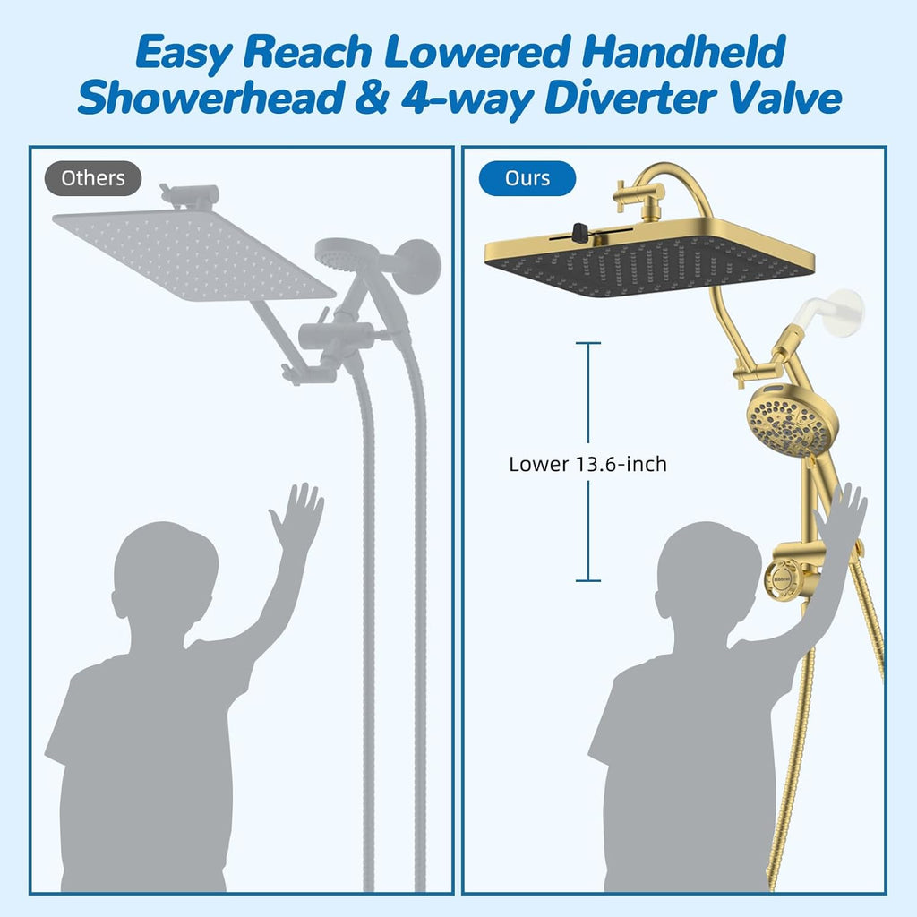 Hibbent cUPC Certified 13'' Shower Head Combo, High Pressure 5 Spray Rainfall Showerhead, 10 Spray Handheld, All Metal Easy Reach 4-way Diverter Arm with Pause Mode, 71'' Hose and Holder, Brushed Gold
