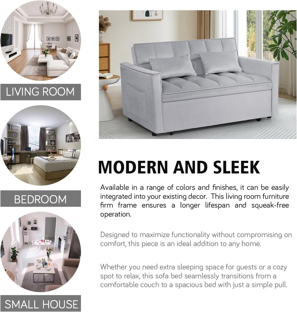 3 in 1 Convertible Sleeper Sofa Bed, 54'' Full Size Velvet Pull Out Futon Couch Recliner with Reclining Backrest & 2 Pillows, Small Loveseat Lounge Couches for Small Spaces (Silver Grey)