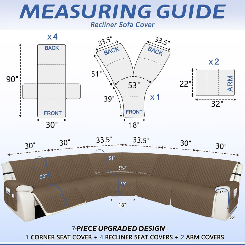 Arfntevss Recliner Sectional Couch Covers 1OO% Waterproof L Shape Sofa Cover for Reclining L Shaped Sectional Slipcover for Dog Washable Corner Furniture Protector (XXL 5 Seat Cover, Light Brown)