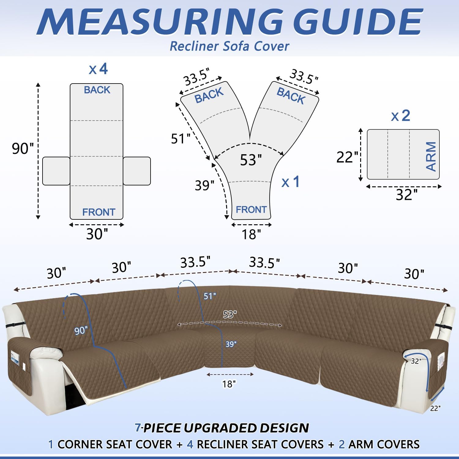 Arfntevss Recliner Sectional Couch Covers 1OO% Waterproof L Shape Sofa Cover for Reclining L Shaped Sectional Slipcover for Dog Washable Corner Furniture Protector (XXL 5 Seat Cover, Light Brown)