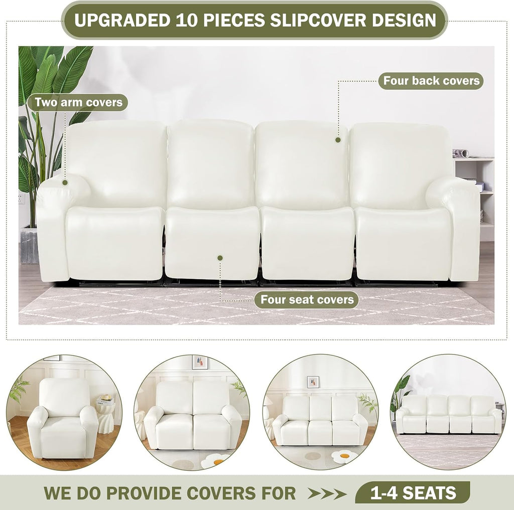 vctops 10 Pieces Waterproof Faux PU Leather Recliner Sofa Covers Stretch Soft 4 Seats RV Couch Cover Anti-Slip Sofa Slipcover Furniture Protector with Elastic Bottom for Kids Pet(White,4 Seat)