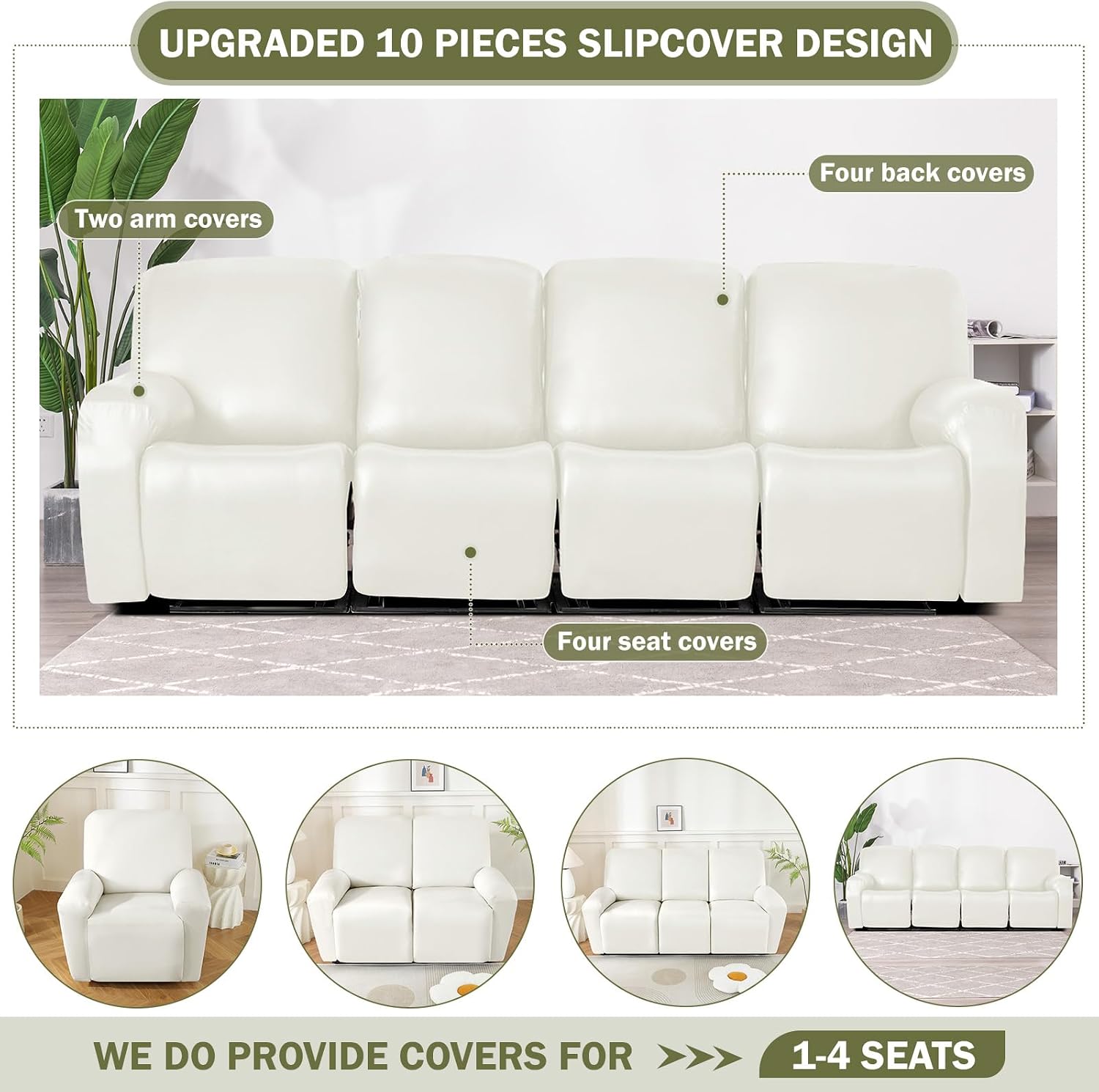 vctops 10 Pieces Waterproof Faux PU Leather Recliner Sofa Covers Stretch Soft 4 Seats RV Couch Cover Anti-Slip Sofa Slipcover Furniture Protector with Elastic Bottom for Kids Pet(White,4 Seat)