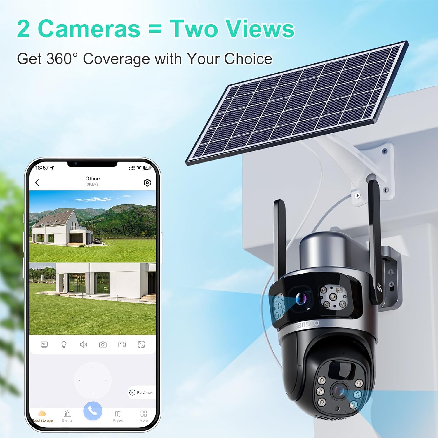 SANSCO 2K Dual Lens Solar Security Camera Wireless Outdoor, 2.4G & 5G WiFi, 360° PTZ Home Security Camera, 100% Wired Free, Spotlight Color Night Vision, 2-Way Audio, PIR Motion Detection(2 Pack)