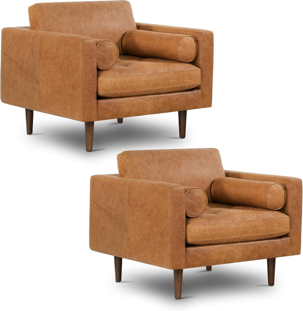 Poly & BARK Napa Leather Accent Chairs 42' – Set of 2 - Mid Century Modern Armchair with Bolster Pillows, Living Room or Bedroom Chair in Cognac Tan