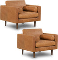 Poly & BARK Napa Leather Accent Chairs 42' – Set of 2 - Mid Century Modern Armchair with Bolster Pillows, Living Room or Bedroom Chair in Cognac Tan