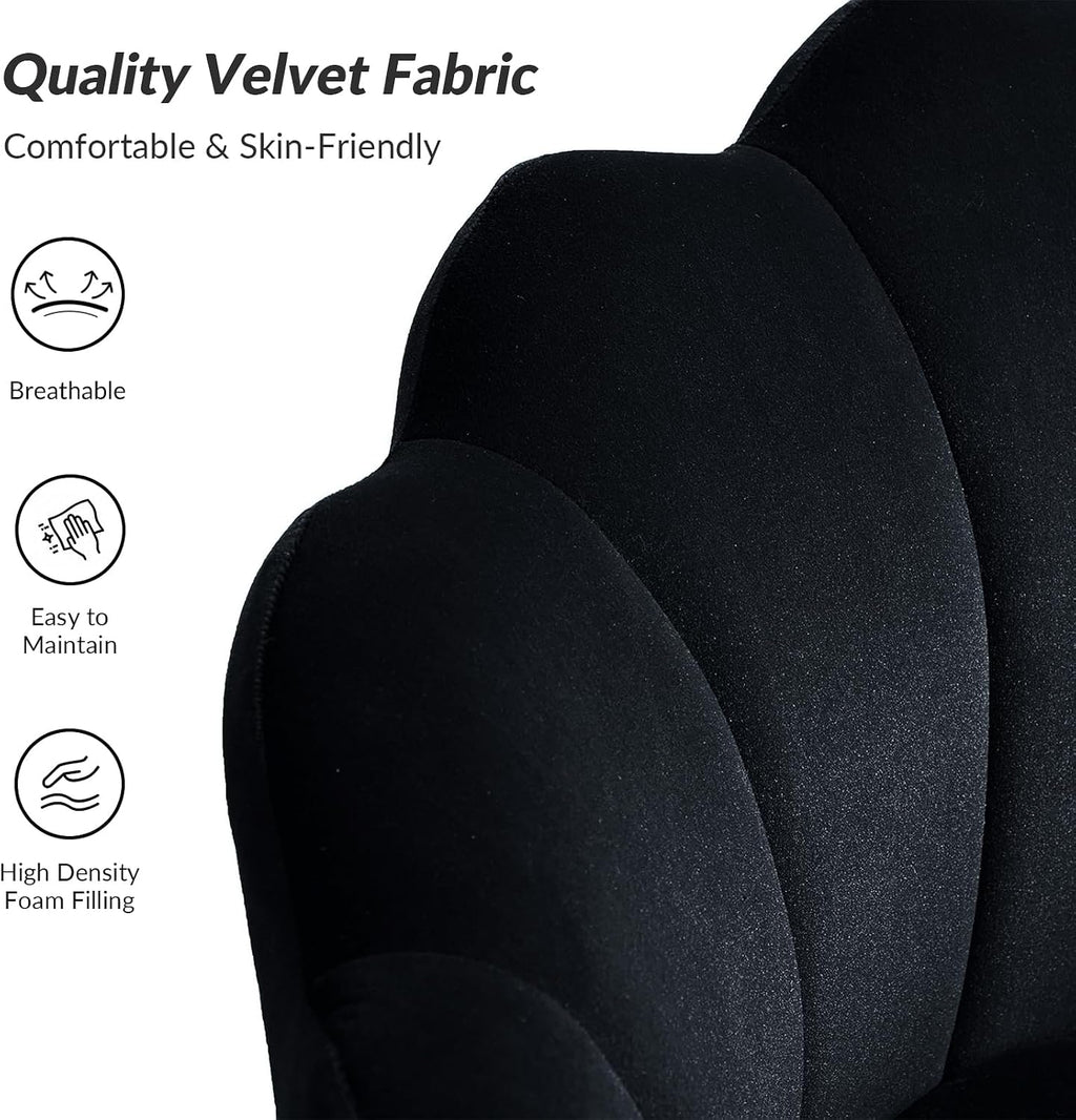HULALA HOME 3 Piece Velvet Living Room Furniture Set, Including Loveseat & 2 Sofa Chairs, Modern Comfy Upholstered 2-Seater Sofa & Accent Chair Set for Bedroom, Flower Shaped Back & Gold Legs, Black