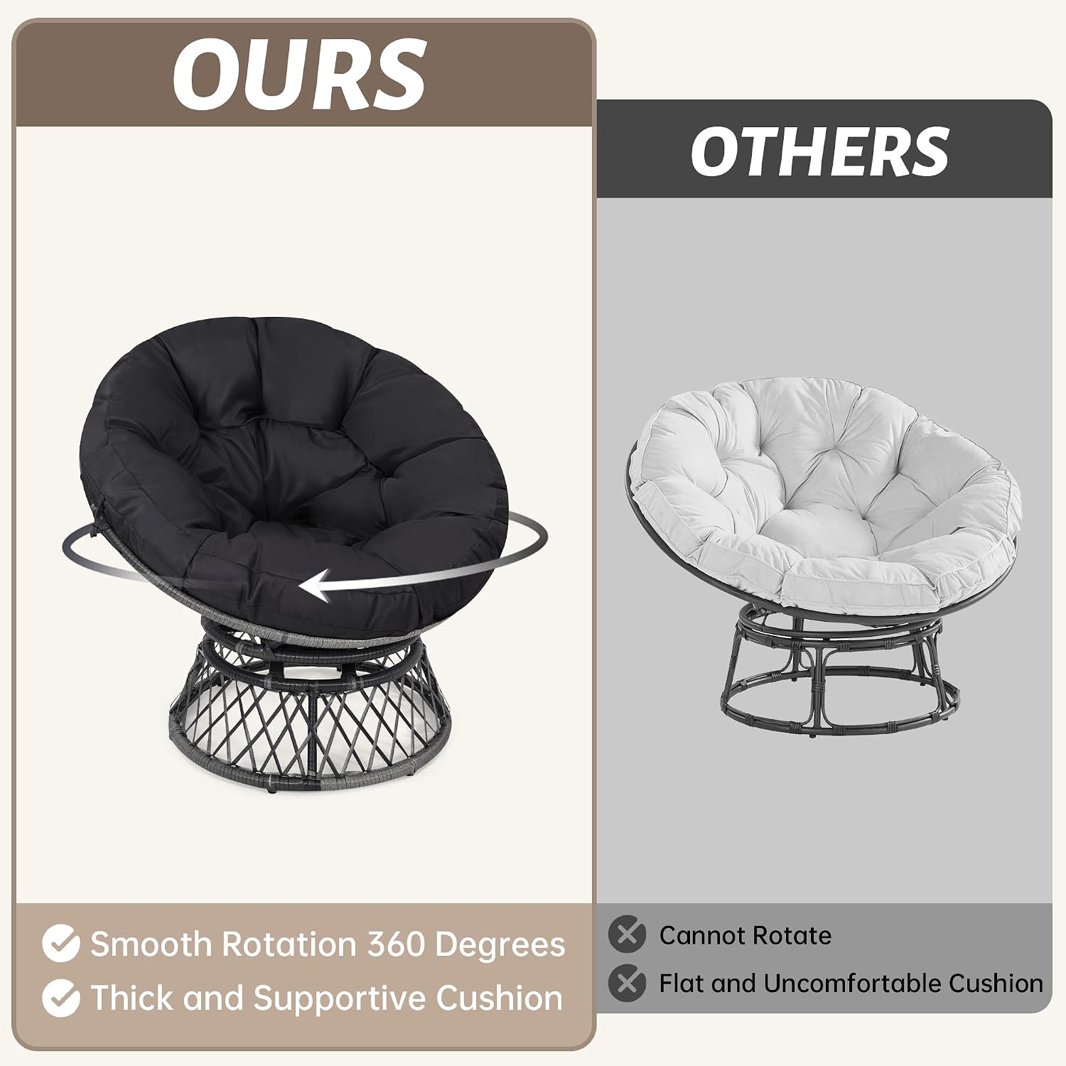 KROFEM 40' Ergonomic Wicker Papasan Chair, 360° Swivel Indoor Outdoor Rattan Chair with Soft Thick Cushion, Ideal for Living Room, Bedroom, Reading Room, Grey Frame with Black Cushion
