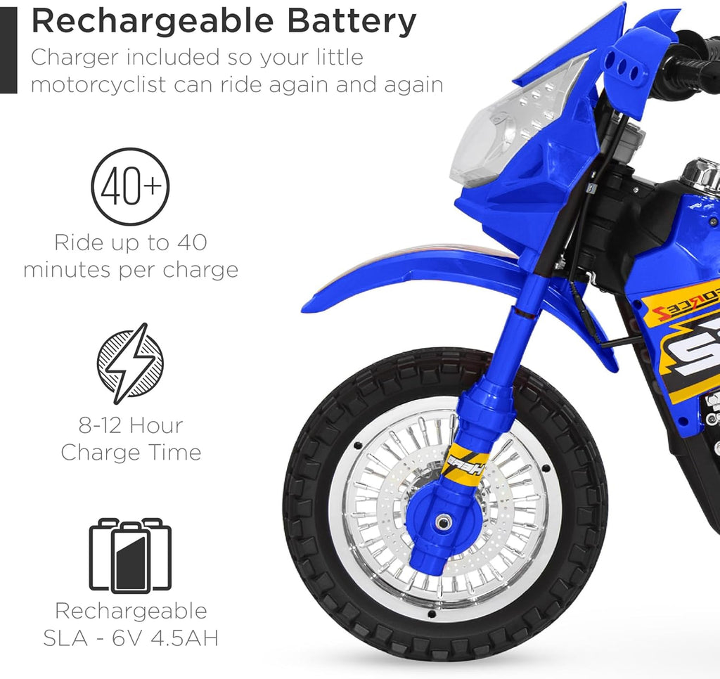 Best Choice Products Kids 6V Ride On Motorcycle w/Treaded Tires, Working Headlights, 2mph Top Speed, Training Wheels, Realistic Sounds, Music, Battery Charger - Blue