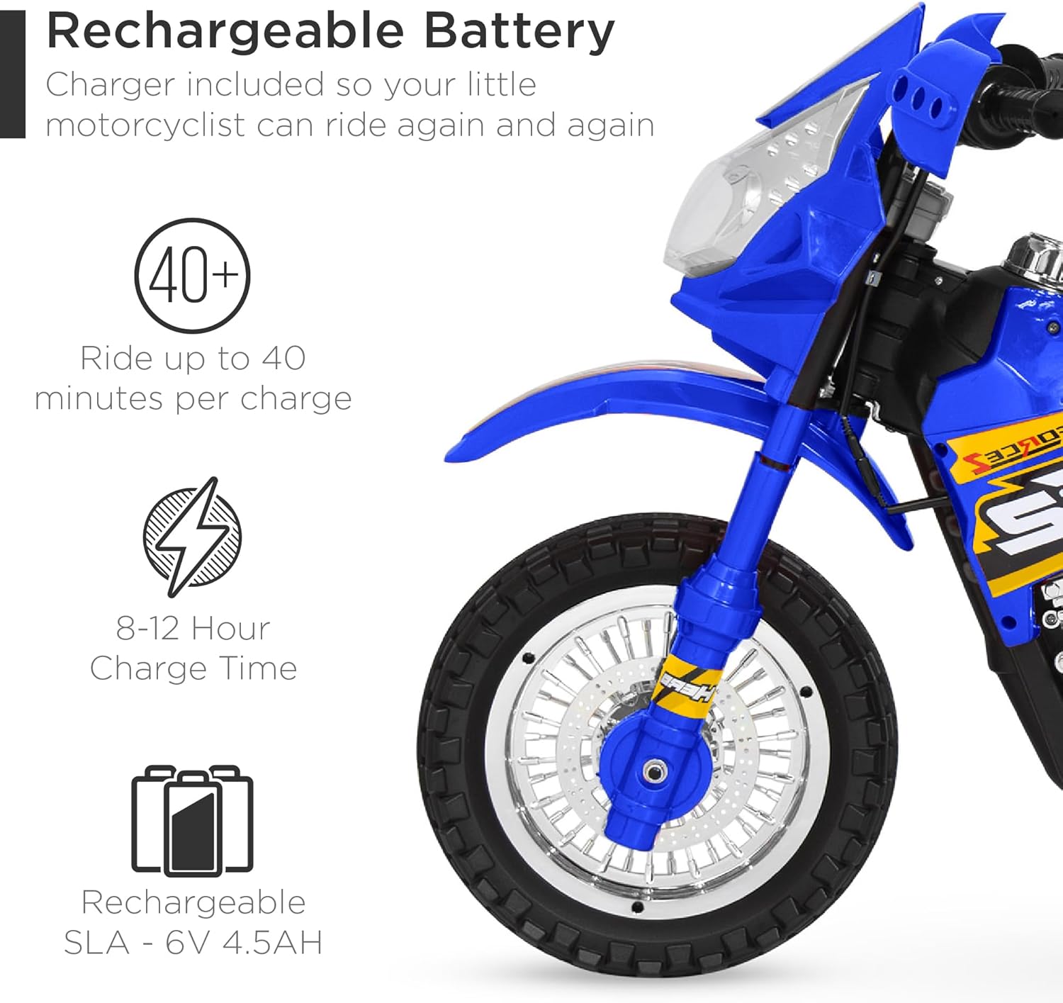 Best Choice Products Kids 6V Ride On Motorcycle w/Treaded Tires, Working Headlights, 2mph Top Speed, Training Wheels, Realistic Sounds, Music, Battery Charger - Blue