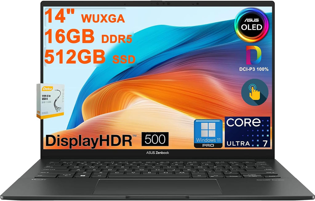 ASUS Zenbook 14 OLED Laptop | 14' WUXGA Lumina OLED Touch (100% DCI-P3, 500nits HDR) | Intel 16-core Ultra 7 255H (Up to 13 Tops) | 16GB DDR5 512GB SSD | Backlit Fingerprint Win11Pro w/DLCA Accessory