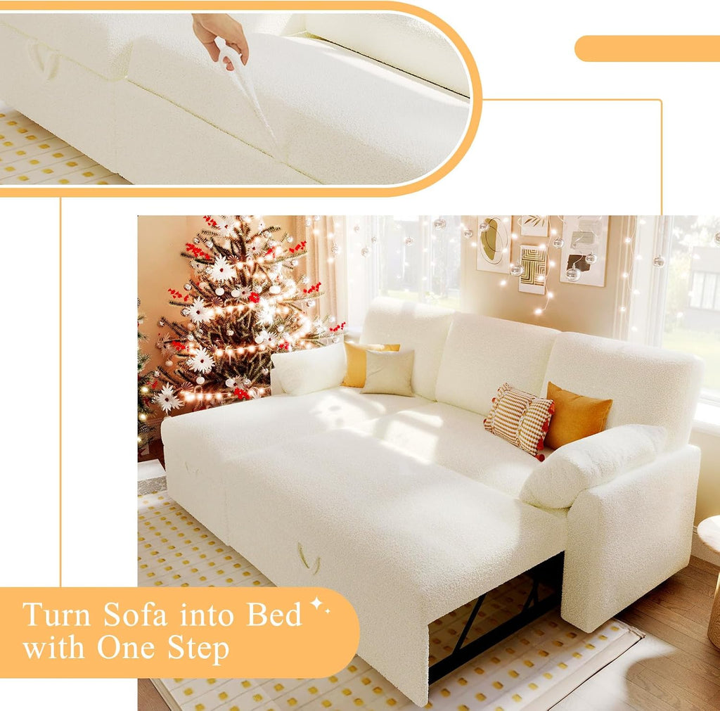 VanAcc Sofa Bed, Sleeper Sofa- 2 in 1 Pull Out Couch Bed with Storage Chaise for Living Room, White Sherpa