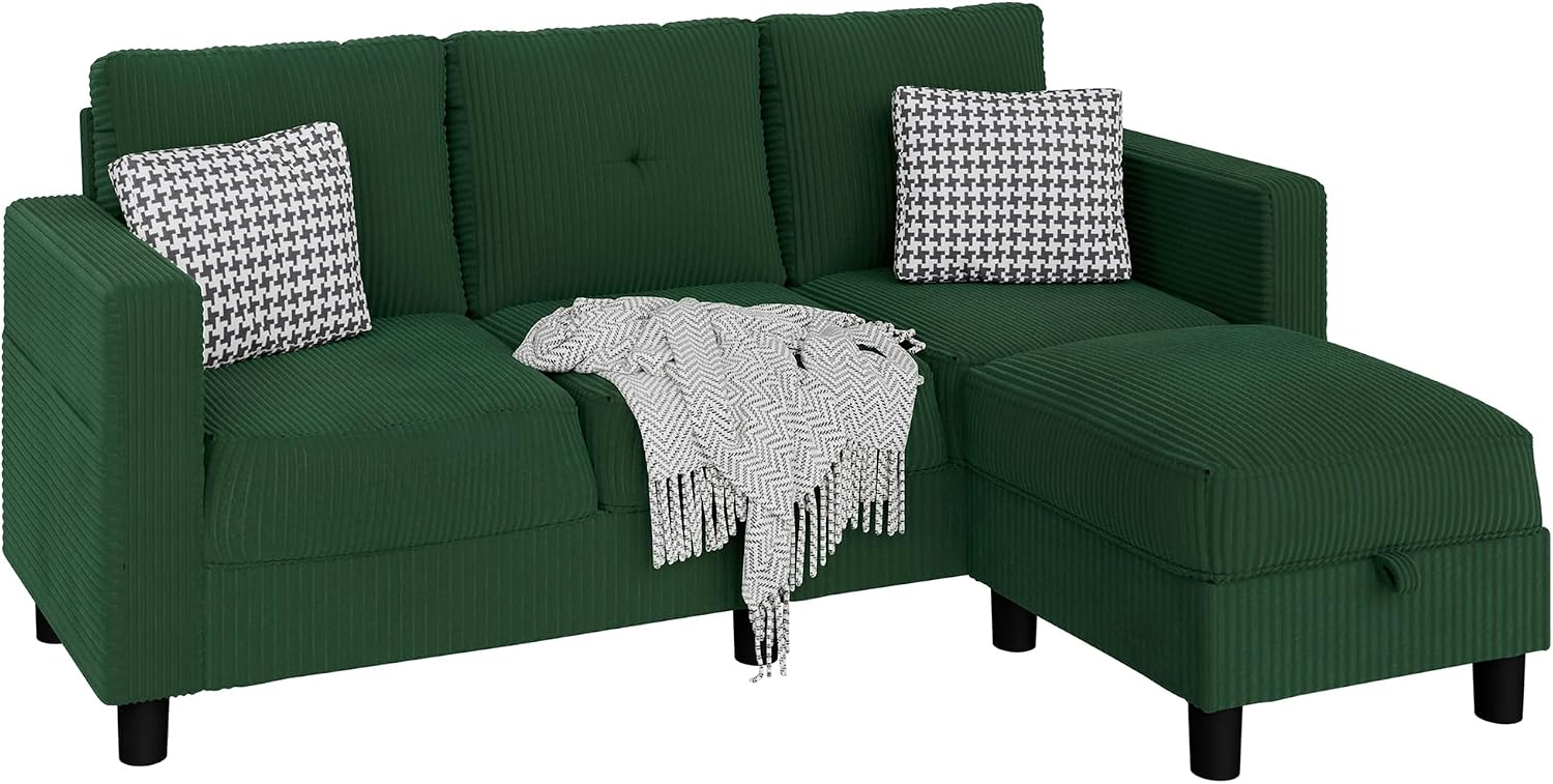 Convertible Sectional Sofa with Storage Ottoman, 77' L-Shaped 3-Seat Couch with Skin-Friendly Corduroy Fabric, Reversible Small Sectional for Small Space, Apartment, Living Room and Office(Green)