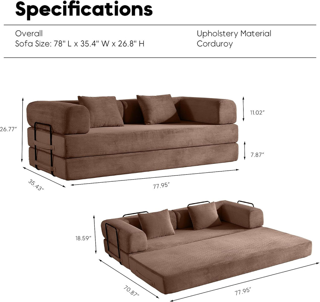 ZEIINPA Convertible Sleeper Sofa Bed, Corduroy Floor Couch with Fixed-Shape Frame, Comfy Modular Floor Sofa with Pull Out Bed, Sleeper Loveseat Boneless Couch for Living Room, Brown