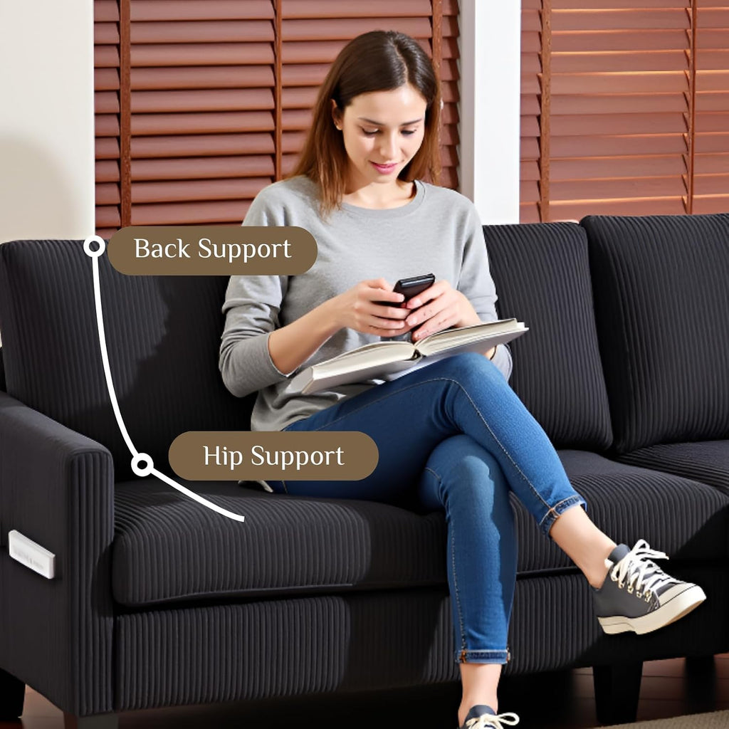 Karl home Small Sectional Couch L Shaped Sofa with Movable Storage Ottoman Corduroy Upholostered Sofa Chaise with Side Pockets for Living Room, Apartment, Studio, Black