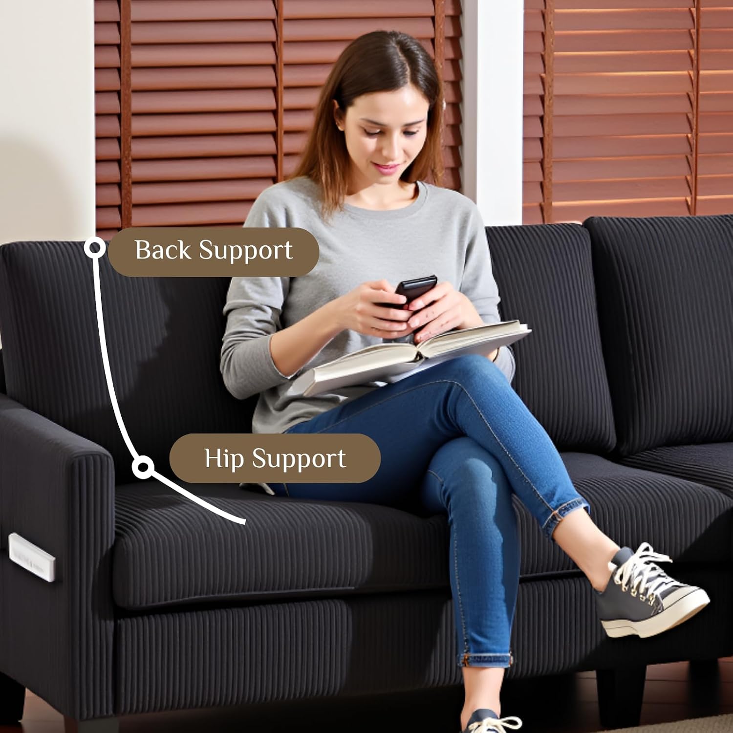 Karl home Small Sectional Couch L Shaped Sofa with Movable Storage Ottoman Corduroy Upholostered Sofa Chaise with Side Pockets for Living Room, Apartment, Studio, Black
