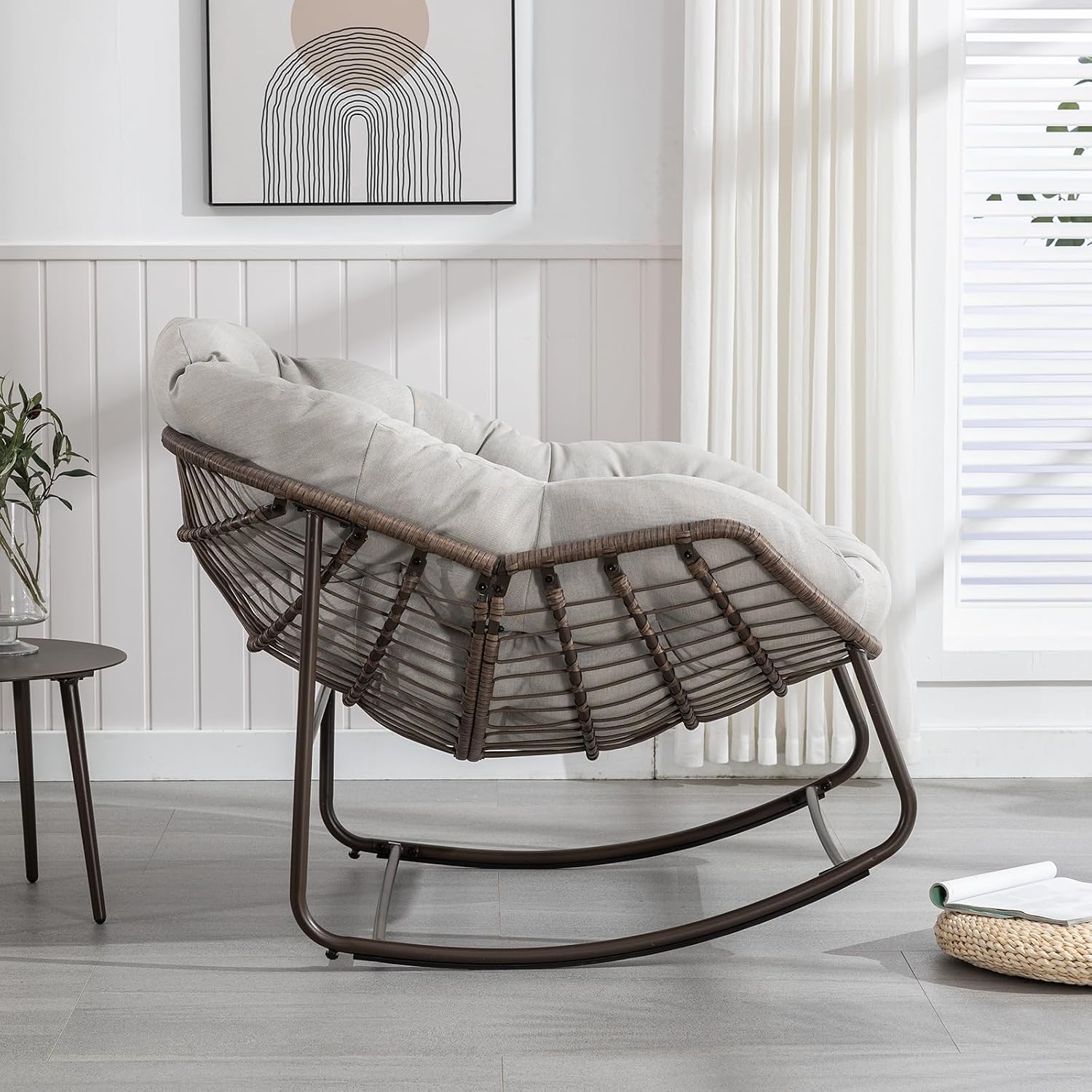 JEEOHEY Papasan Rocking Chairs Outdoor Indoor, Oversized Rattan Rocker Patio Chair with Padded Cushion, Comfy Modern Indoor Egg Chair for Living Room, Bedroom, Porch, Garden, Balcony(Velvet, Beige)