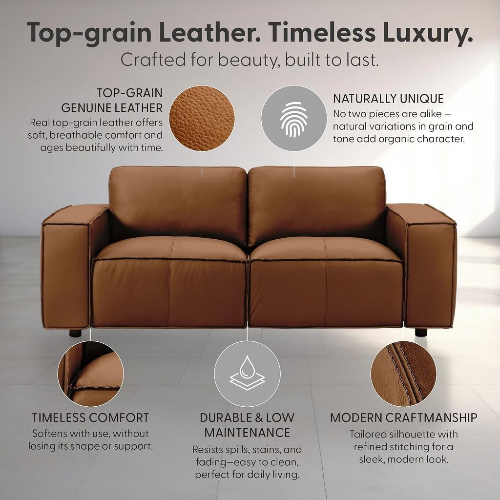 Clayton 76' Modern Leather Loveseat in Anthracite Gray or Ochre with Track Arms